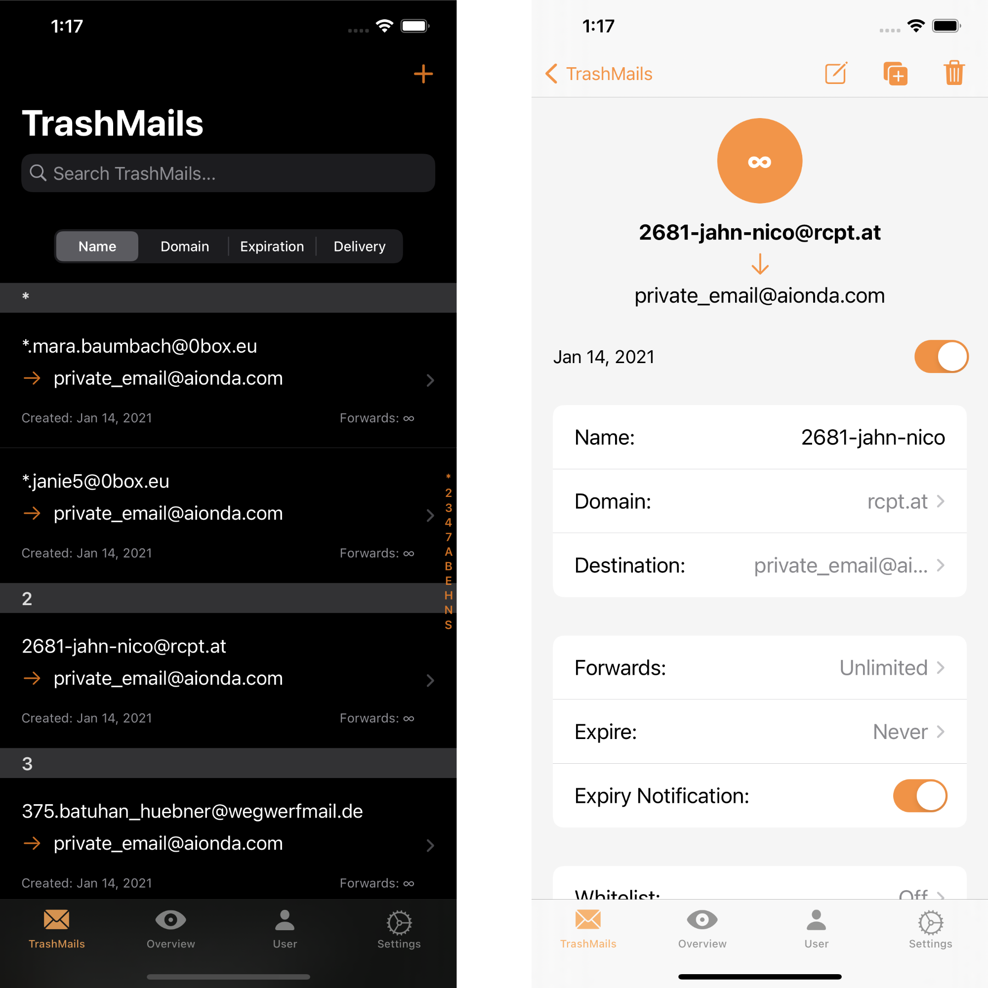 Screenshots der TrashMail.com-App für iOS