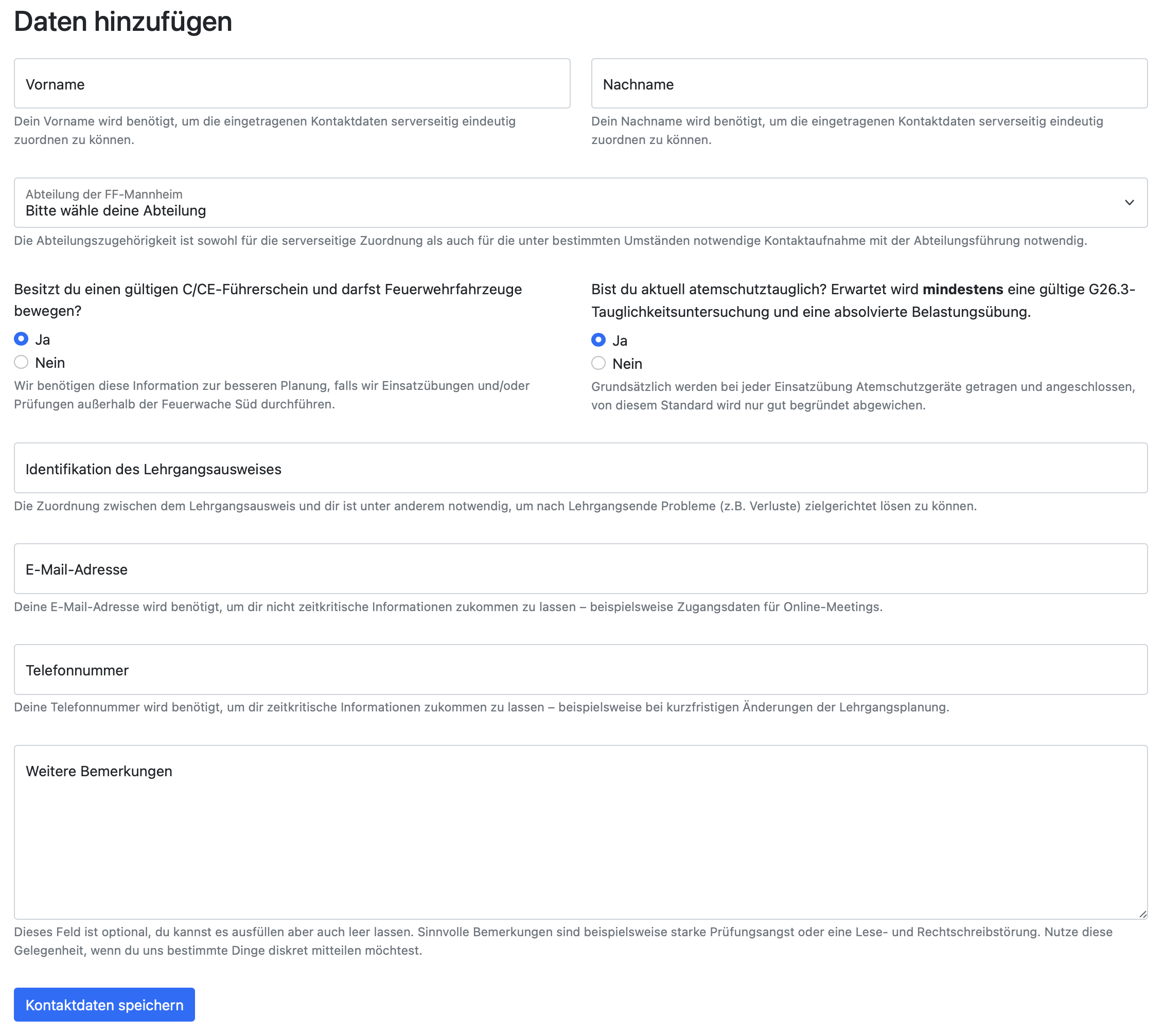 Abfrage von Daten der Teilnehmer zur besseren Organisation des Lehrgangs